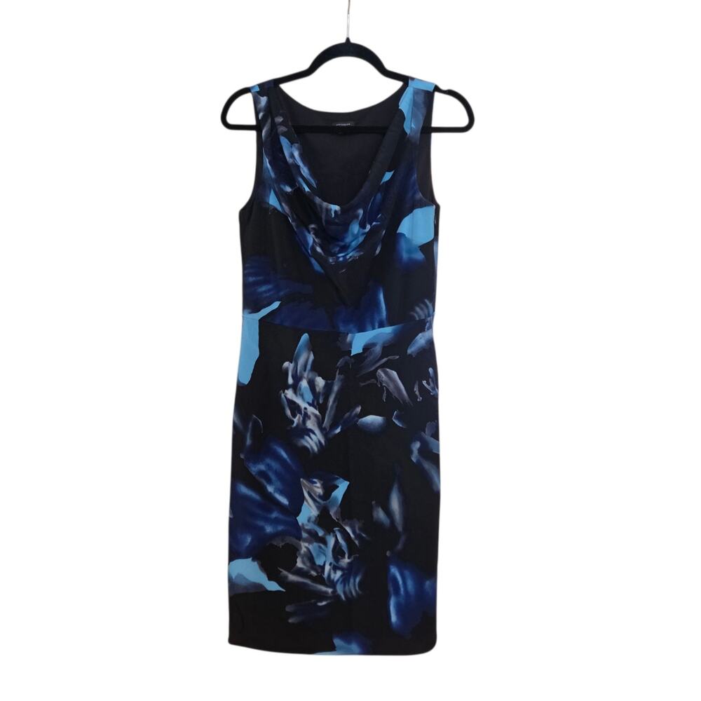 Ann Taylor Watercolor Draped Neck Silk Dress Blue & Black sz 6 Cowl Neck